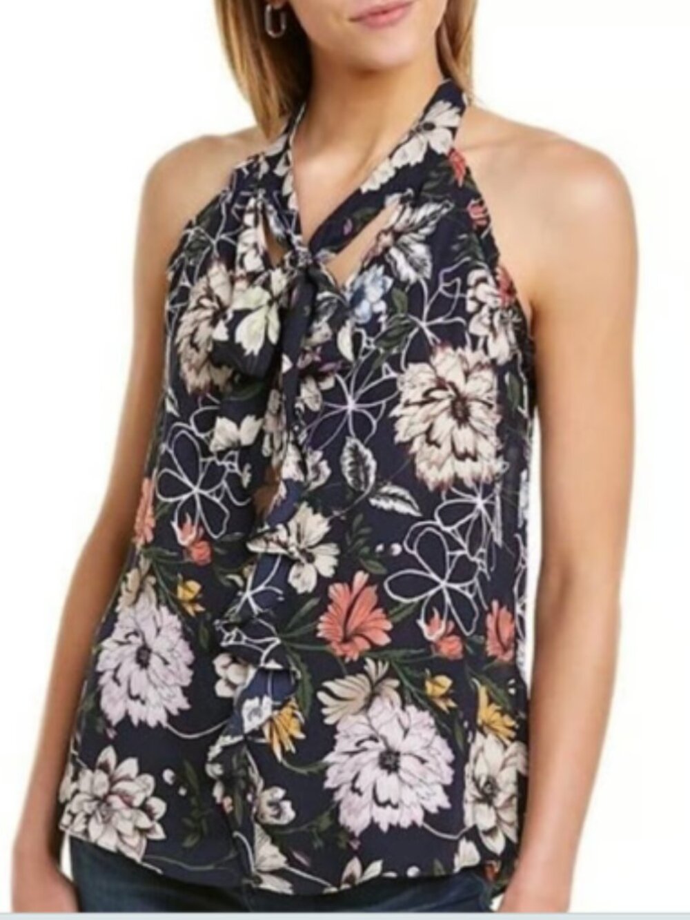 NWT Parker Floral Tie Neck Sleeveless Blouse Aquarius Blue Medium